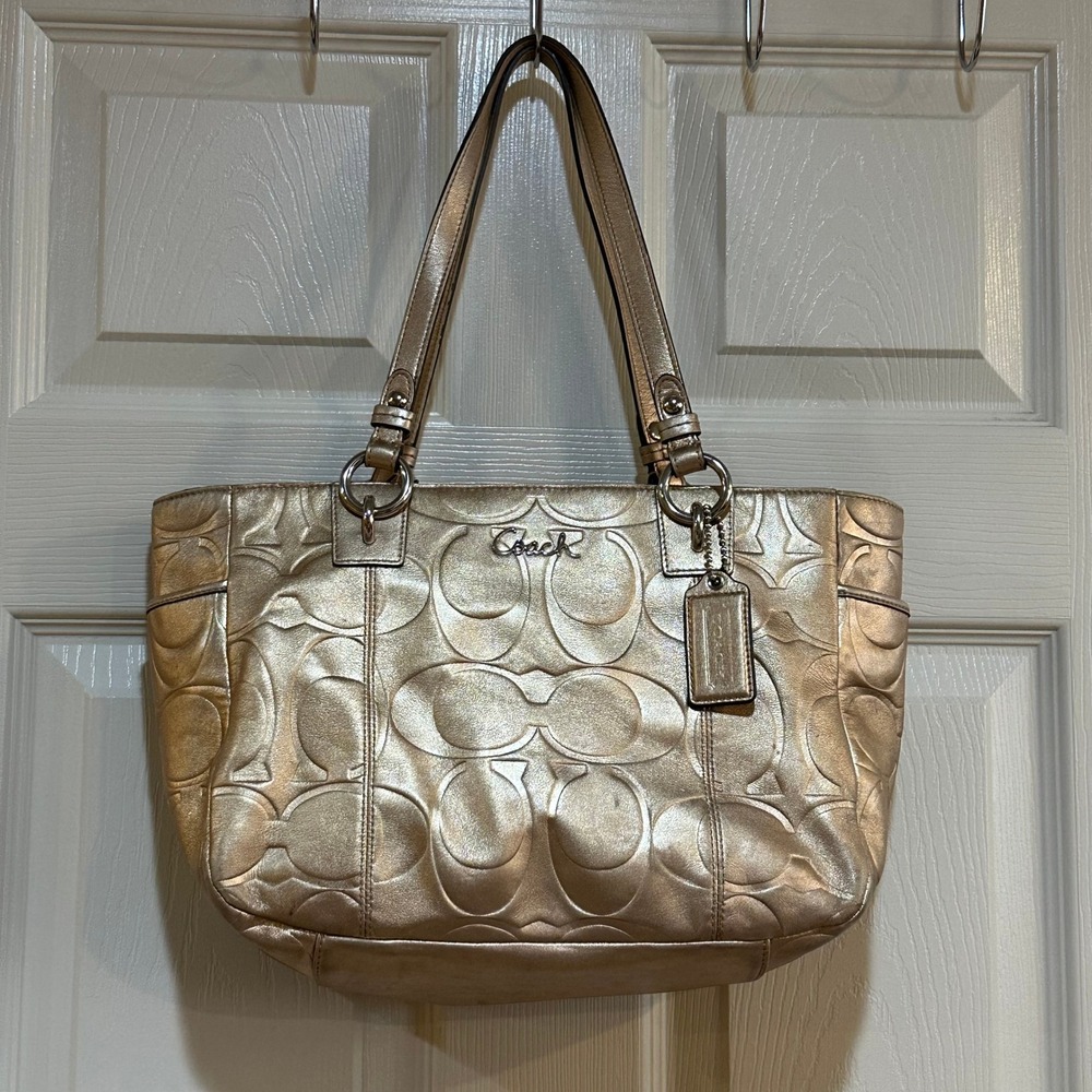 Coach Metallic Gold Leather Signature C Embossed Tote Shoulder Bag Handbag